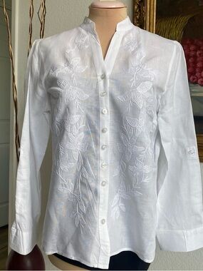 White Filipiniana Barong Tagalog Embroidered Button-Up Linen Blouse